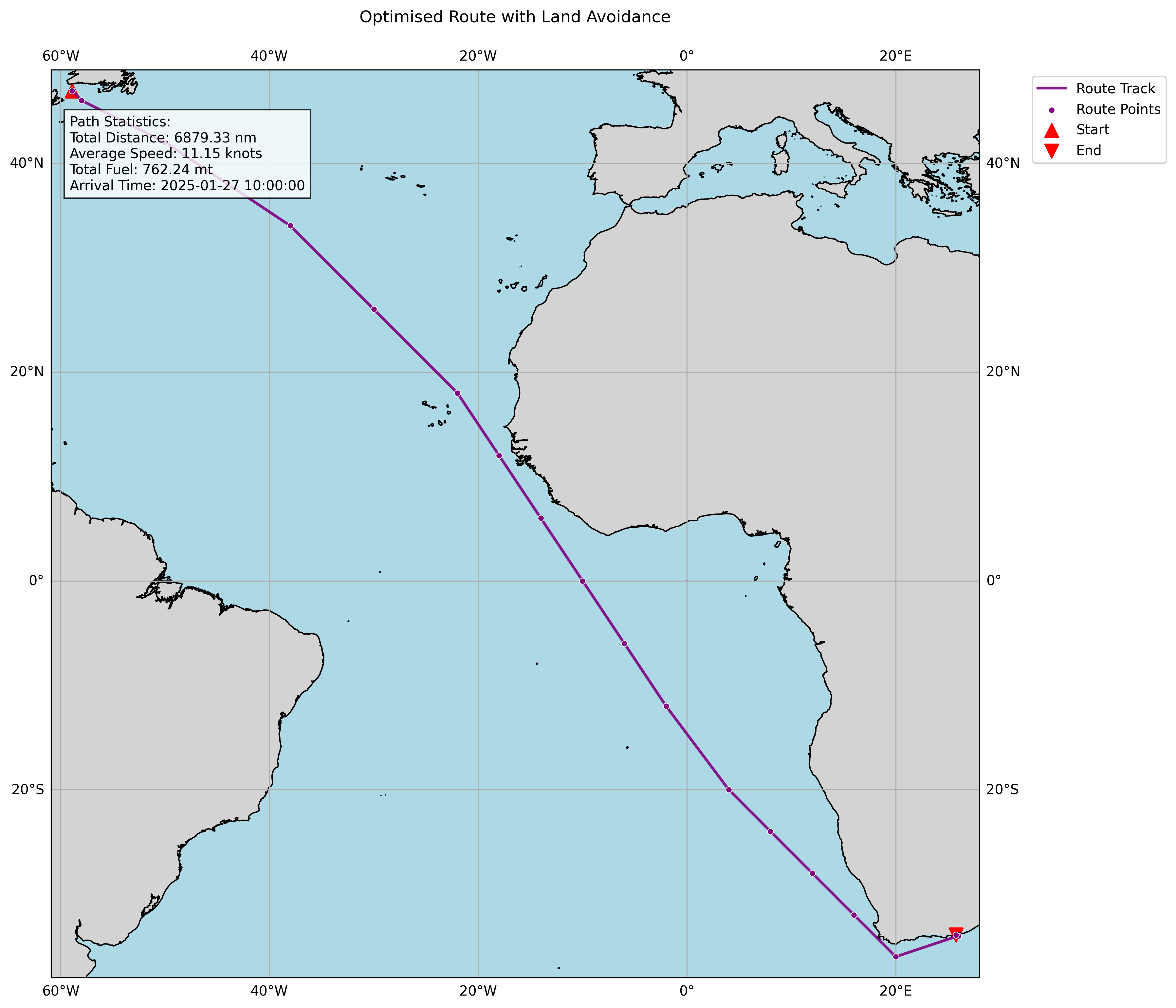 Optimised transatlantic vessel route with distance, speed, fuel, and arrival estimates